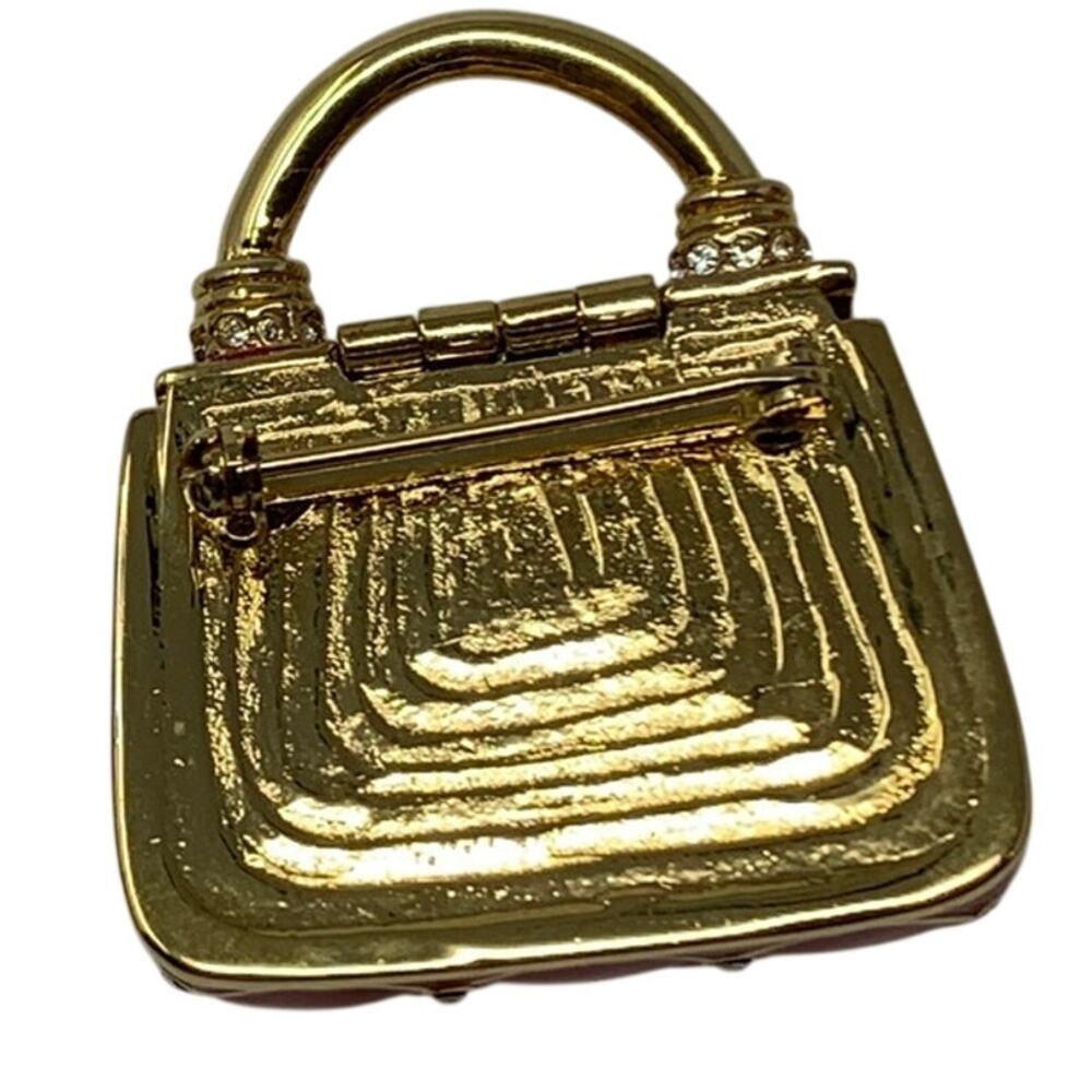 VTG St. John Quilted Handbag Brooch Enamel Red Gold Tone Crystal Mini Purse Pin - Picture 3 of 4